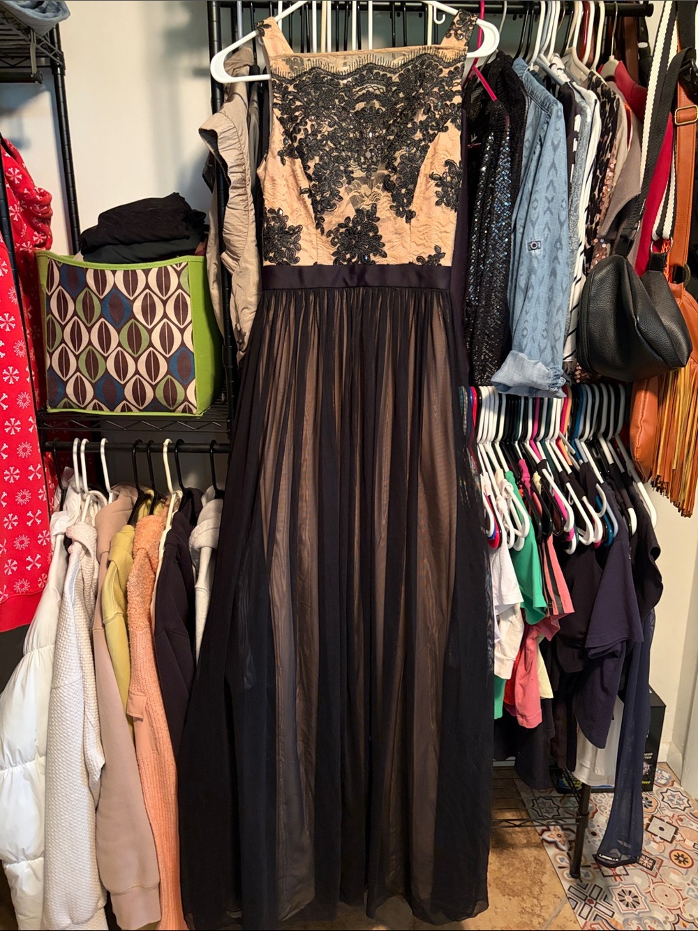 ABS Allen Schwartz Black and Nude Lace Bodice Chiffon Maxi Dress